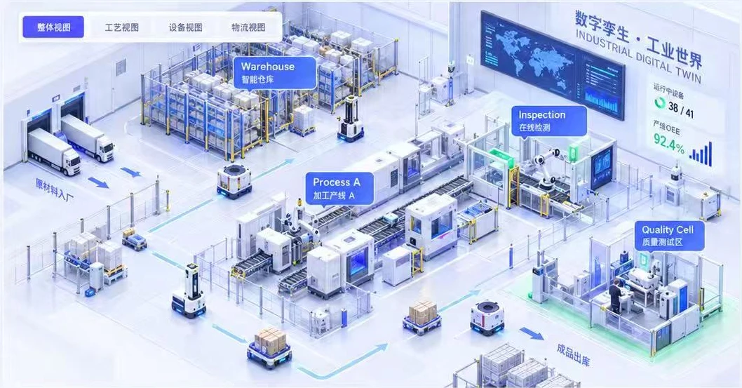 参考产品中的工业数字孪生场景，包含仓储、产线和质量检测区